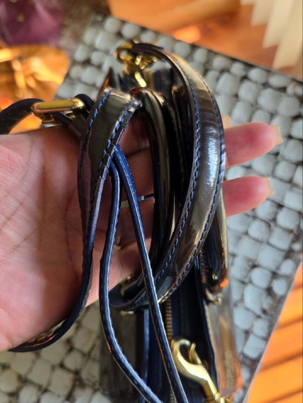 MCM Mini Olive Green & Blue Patent Leather Top-Handle Mini Crossbody - Picture 5 of 16